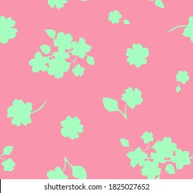 Hand Drawn Abstract Two Colors Japanese Ditsy Flowers and Leaves Repeating Vector Pattern Isolated Background