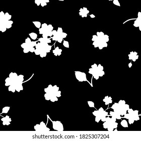 Hand Drawn Abstract Two Colors Japanese Ditsy Flowers and Leaves Repeating Vector Pattern Isolated Background