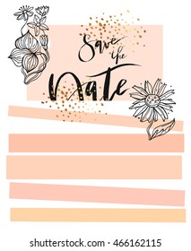 Hand drawn abstract unusual elegant template card in pastel color with flowers for Save the Day.Design for Wedding,marriage,baby shower,bridal,party,birthday,Valentine's day.