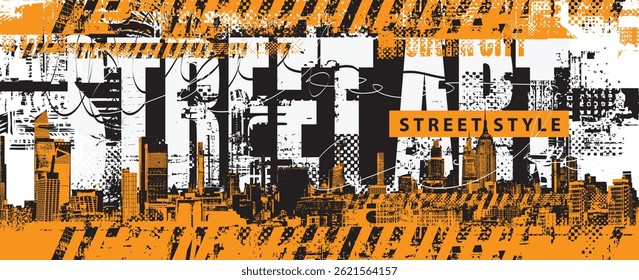 Hand drawn abstract urbanism theme with inscription. Grunge street art on the background of spots and geometric shapes of city architecture, newspaper clippings. T-shirt design. No AI used