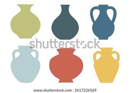 Hand drawn abstract vase set in boho style. Minimalist antique ceramic pottery for interior. Suitable for flat design illustration, clip art, stickers, etc