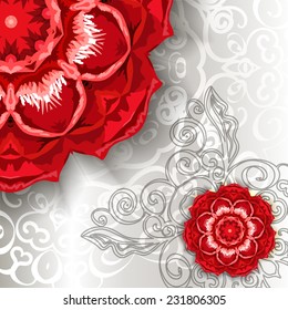 Hand drawn abstract vector background with floral ornament and rose
