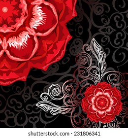 Hand drawn abstract vector background with floral ornament and rose