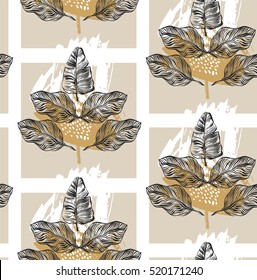 Hand drawn abstract vector Christmas seamless pattern of golden palm mirror tree leaves graphic illustration isolated on white background.
