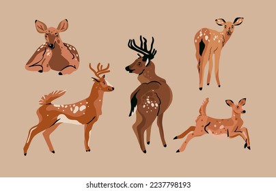 Hand drawn abstract vector clipart illustration collection set with brown adorable cute,stylized deers character.Trendy modern design concept.Vector contemporary woodland symbol. Cartoon deer animal.