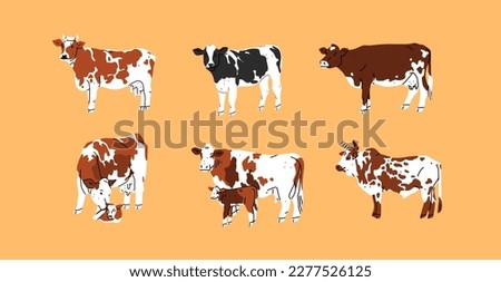 Hand drawn abstract vector clipart illustration collection set with brown adorable cute,stylized cow characters.Trendy modern art design concept.Vector cartoon farm animals symbol. Cartoon cow animal.