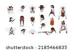 Hand drawn abstract vector graphic clipart illustrations boho cowgirls and cowboys in hats portraits bundle.Western design concept.Bohemian wild west contemporary art.Cowboy girl modern drawing logo.