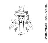 Hand drawn abstract vector graphic sign clipart illustration cowgirl in hat portrait.Western female design concept.Bohemian wild west contemporary art.Cowboy girl modern drawing.American cowgirl logo.