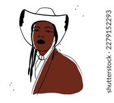 Hand drawn abstract vector graphic clipart illustration cowboy girl in hat portrait.Western female design concept.Bohemian wild west contemporary art.Cowgirl modern drawing.American cowgirl logo.