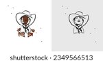 Hand drawn abstract vector graphic clipart illustration boho cowgirl in hat portrait.Western female design concept.Bohemian wild west contemporary art.Cowboy girl modern drawing.American cowgirl logo.