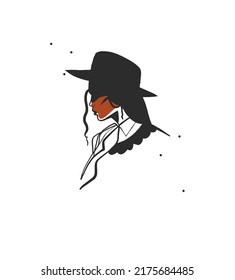 Hand drawn abstract vector graphic clipart illustration boho cowgirl in hat portrait.Western female design concept.Bohemian wild west contemporary art.Cowboy girl modern drawing.American cowgirl logo.