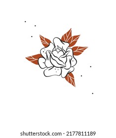 Hand drawn abstract vector graphic clipart illustration boho rose flower with leaves logo element.Female design concept.Bohemian wild west contemporary art.Cowboy girl modern drawing.Feminine logo.