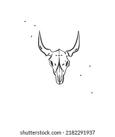 Hand drawn abstract vector graphic clipart illustration boho cow skull with horns logo element.Westerndesign concept.Bohemian wild west contemporary art.Cowboy girl modern drawing.Feminine logo.