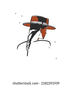 Hand drawn abstract vector graphic clipart illustration boho cowgirl in hat portrait.Western female design concept.Bohemian wild west contemporary art.Cowboy girl modern drawing.American cowgirl logo.