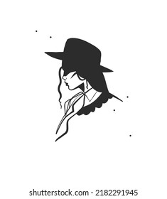 Hand drawn abstract vector graphic clipart illustration boho cowgirl in hat portrait.Western female design concept.Bohemian wild west contemporary art.Cowboy girl modern drawing.American cowgirl logo.