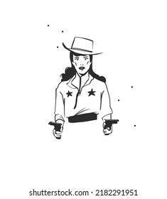 Dibujo a mano de ilustraciones gráficas de clíposito vector abstracto boho cowgirl en ese retrato con pistolas. Diseño femenino occidental. Arte contemporáneo occidental bohemiano silvestre. Muchacha de cowboy dibujo moderno. cowgirl estadounidense cowgirl.