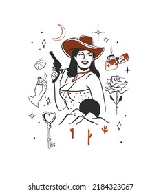 Hand Drawn Abstract Vector Graphic Clipart Illustration Boho Cowgirl In Hat Portrait.Western Female Design Concept.Bohemian Wild West Contemporary Art.Cowboy Girl Modern Drawing.American Cowgirl Logo.