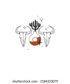Hand drawn abstract vector graphic clipart illustration boho bull skull composition.Wild Western design concept.Bohemian wild west contemporary art.Cowboy modern line art drawing.American cowboy logo.