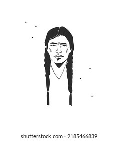 Hand drawn abstract vector graphic clipart illustration boho indian man composition portrait.Western design concept.Bohemian wild west contemporary art.American western logo.Cowboy modern design.