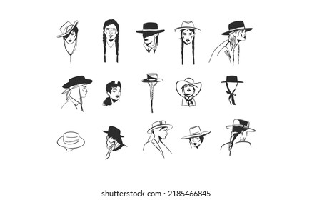 Hand drawn abstract vector graphic clipart illustration boho cowgirls in hats portraits collection set bundle.Western female design concept.Bohemian wild west contemporary .Cowboy girl modern drawing.