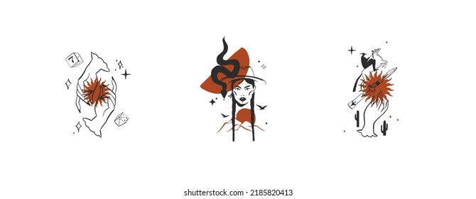 Hand drawn abstract vector graphic clipart illustrations logo set compositions.Wild Western design concept.Bohemian wild west contemporary art.Cowboy modern line art drawing.American cowgirl logo.