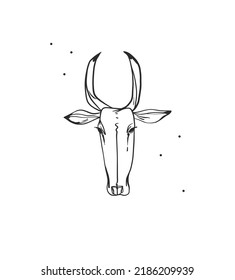 Hand drawn abstract vector graphic clipart illustration boho cow head with horns logo element.Western design concept.Bohemian wild west contemporary art.Cowboy girl modern drawing.Feminine logo.