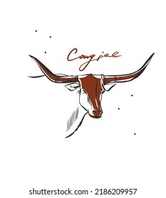 Dibujo a mano de la ilustración gráfica del cliente vector abstracta cabeza de toro boho con el elemento del logo de las bocinas.Concepto de diseño occidental.Arte contemporáneo bohemiano-occidental.Dibujo moderno de chica bovina.Logo femenino.