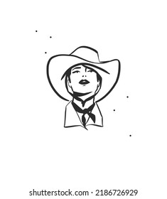 Hand drawn abstract vector graphic clipart illustration boho cowgirl in hat portrait.Western female design concept.Bohemian wild west contemporary art.Cowboy girl modern drawing.American cowgirl logo.