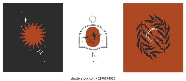 Hand drawn abstract vector graphic clipart illustrations logo set compositions.Wild Western design concept.Bohemian wild west contemporary art.Cowboy modern line art drawing.American cowgirl logo.