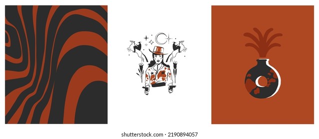 Hand drawn abstract vector graphic clipart illustrations logo set compositions.Wild Western design concept.Bohemian wild west contemporary art.Cowboy modern line art drawing.American cowgirl logo.