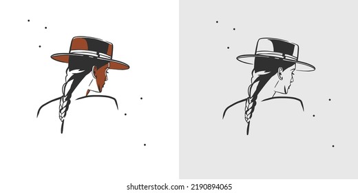 Hand drawn abstract vector graphic clipart illustration boho cowgirl in hat portrait.Western female design concept.Bohemian wild west contemporary art.Cowboy girl modern drawing.American cowgirl