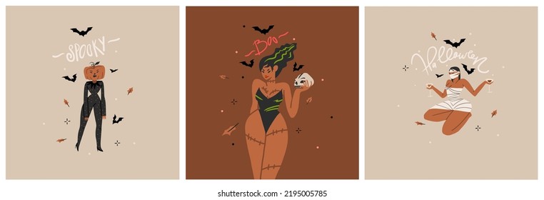 Hand drawn abstract vector graphic clipart illustration,Halloween holiday costume party adult people characters collection cards template set.Creepy Halloween design poster concept.Happy Halloween