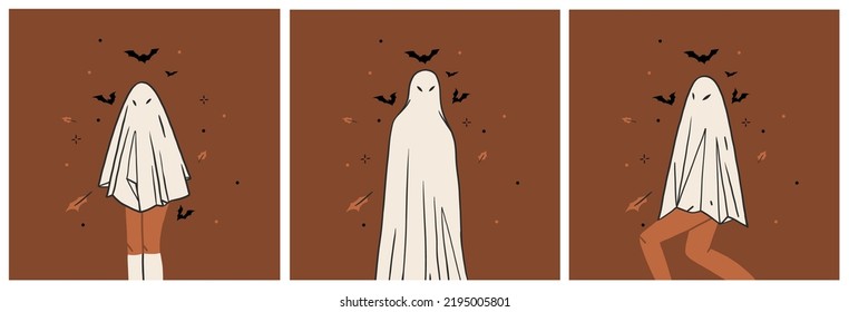 Handgezeichnet abstrakte Vektorgrafik-Clipart Illustration, Halloween Feiertagskostüm-Party Erwachsene Charaktere Sammlerkarten-Set.Creepy Halloween Design-Poster-Konzept.Happy Halloween