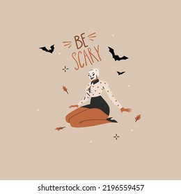 Hand drawn abstract vector graphic clipart illustrations,Halloween holiday costume party adult people characters collection set.Creepy Halloween design poster concept.Happy Halloween contemporary