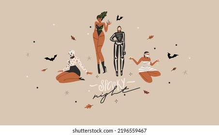 Hand drawn abstract vector graphic clipart illustrations,Halloween holiday costume party adult people characters collection set.Creepy Halloween design poster concept.Happy Halloween contemporary