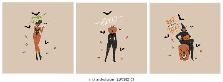 Hand drawn abstract vector graphic clipart illustrations,Halloween holiday costume party adult people characters collection set.Creepy Halloween design poster concept.Happy Halloween contemporary art.
