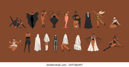 Hand drawn abstract vector graphic clipart illustrations,Halloween holiday costume party adult people characters collection set.Creepy Halloween design poster concept.Happy Halloween contemporary art.