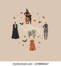 Hand drawn abstract vector graphic clipart illustrations,Halloween holiday costume party adult people characters collection set.Creepy Halloween design poster concept.Happy Halloween contemporary art.