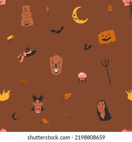 Hand drawn abstract vector graphic clipart illustration seamless pattern,Halloween holiday pumpkins,candy cane,leaves and stars.Creepy Halloween design poster concept.Happy Halloween contemporary art.
