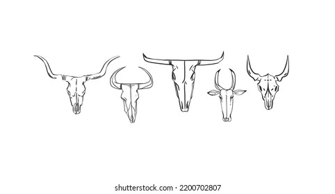 Hand drawn abstract vector graphic clipart illustration boho country bull skull collection set.Wild Western design.Boho wild west contemporary art.Cowboy modern line art drawing.American cowboy logo.