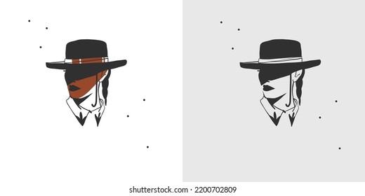 Hand drawn abstract vector graphic clipart illustration boho cowgirl in hat portrait.Western female design concept.Bohemian wild west contemporary art.Cowboy girl modern drawing.American cowgirl logo.