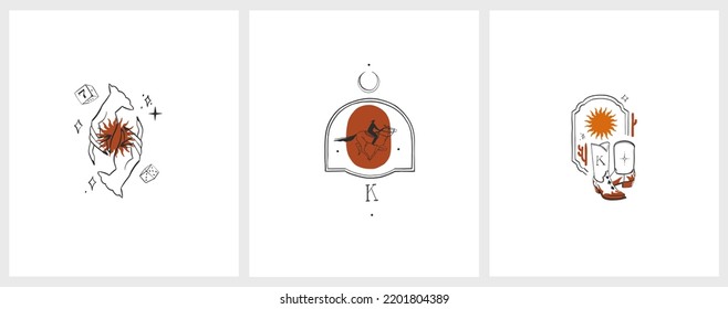 Hand drawn abstract vector graphic clipart illustrations logo set compositions.Wild Western design concept.Bohemian wild west contemporary art.Cowboy modern line art drawing.American cowgirl logo.
