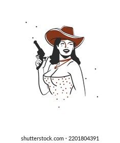 Hand Drawn Abstract Vector Graphic Clipart Illustration Boho Cowgirl In Hat Portrait.Western Female Design Concept.Bohemian Wild West Contemporary Art.Cowboy Girl Modern Drawing.American Cowgirl Logo.