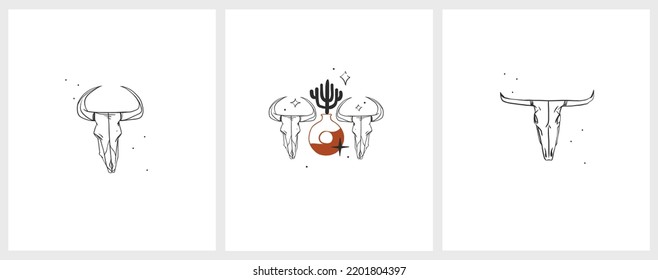 Hand drawn abstract vector graphic clipart illustration boho country bull skull collection set.Wild Western design.Boho wild west contemporary art.Cowboy modern line art drawing.American cowboy logo.