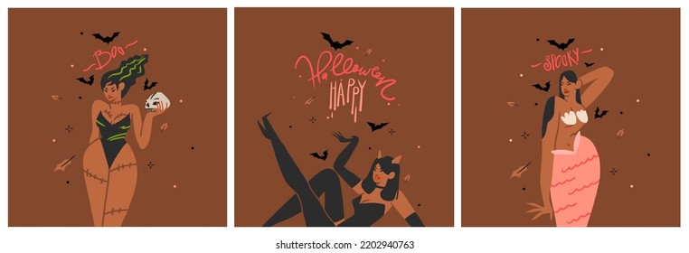 Hand drawn abstract vector graphic clipart illustrations,Halloween holiday costume party adult people characters collection set.Creepy Halloween design poster concept.Happy Halloween contemporary art.