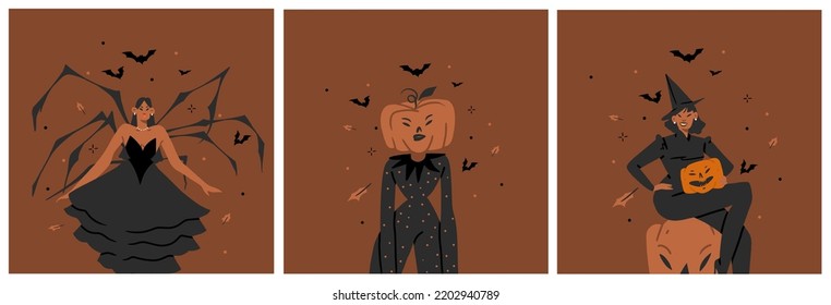 Dibujo manual de ilustraciones gráficas de clífras vectoriales abstractas,Fiesta de disfraces de Halloween para adultos colección de personajes.Concepto de afiche de diseño de Halloween espeluznante.Feliz arte contemporáneo de Halloween.
