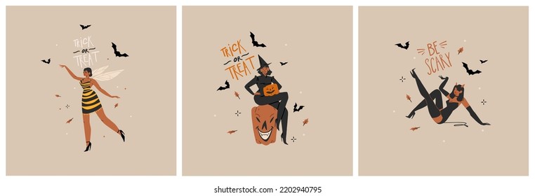 Hand drawn abstract vector graphic clipart illustrations,Halloween holiday costume party adult people characters collection set.Creepy Halloween design poster concept.Happy Halloween contemporary art.