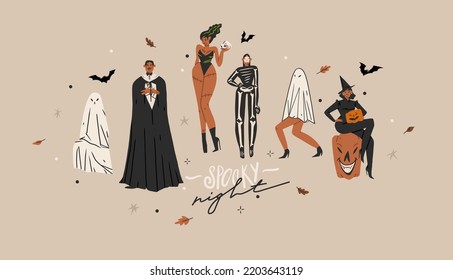 Hand drawn abstract vector graphic clipart illustrations,Halloween holiday costume party adult people characters collection set.Creepy Halloween design poster concept.Happy Halloween contemporary art.