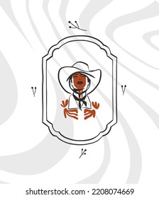 Hand Drawn Abstract Vector Graphic Clipart Illustration Boho Cowgirl In Hat Portrait.Western Female Design Concept.Bohemian Wild West Contemporary Art.Cowboy Girl Modern Drawing.American Cowgirl Logo.