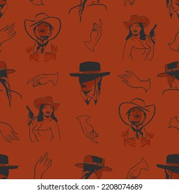 Handgezeichnet abstrakte Vektorgrafik boho Cowgirl in diesem nahtlosen Muster.Western weibliche Design Konzept.Böhmische wilde westliche zeitgenössische Kunst.Cowboy Mädchen moderne Zeichnung.Amerikanische Cowgirls.